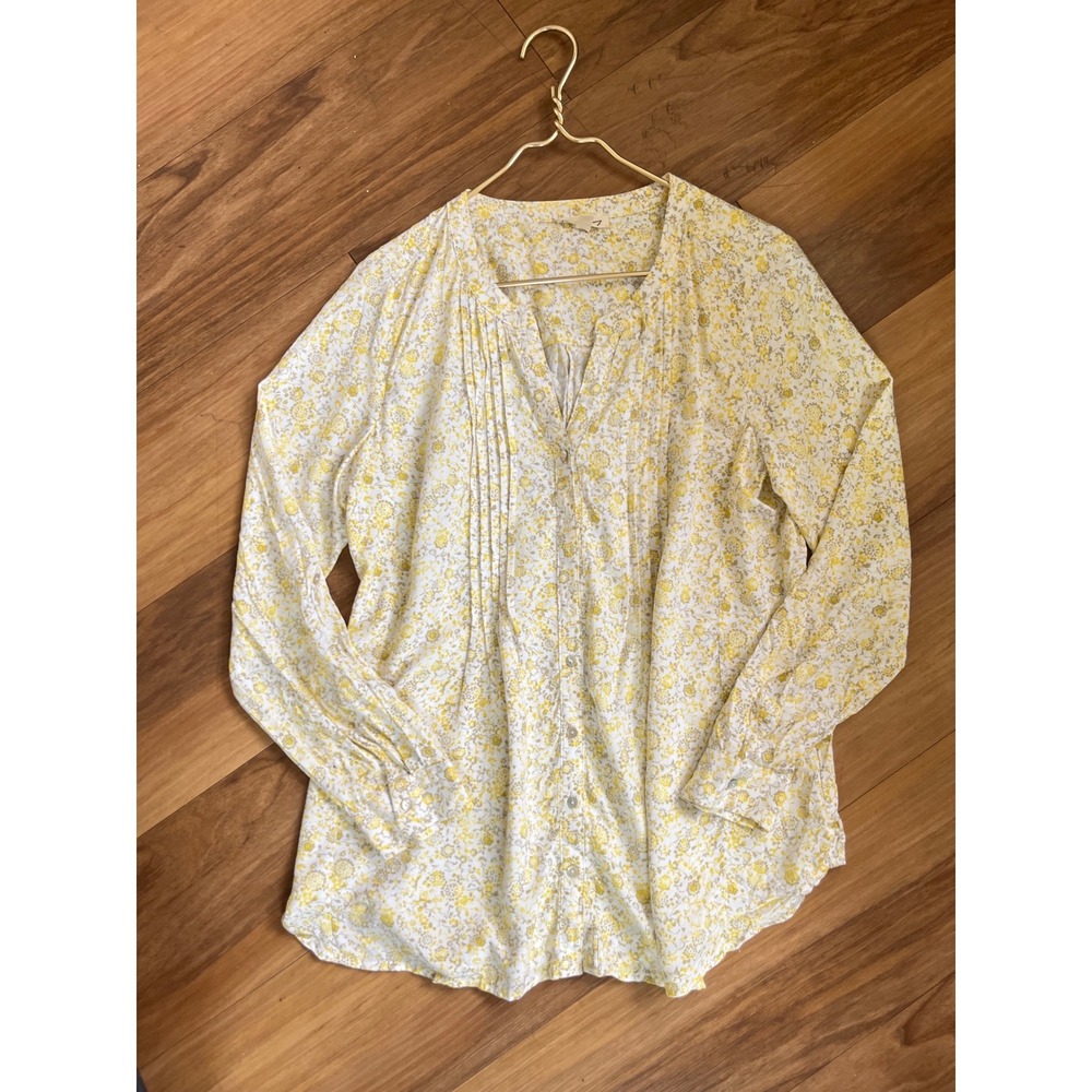 Lane and Delancey Yellow Floral Pintuck Button Down Blouse Cottagecore Large